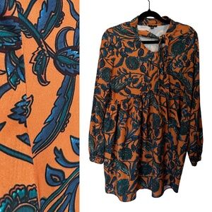 Chloah Rust, Cobalt, and Teal Babydoll tunic with tie neck size M